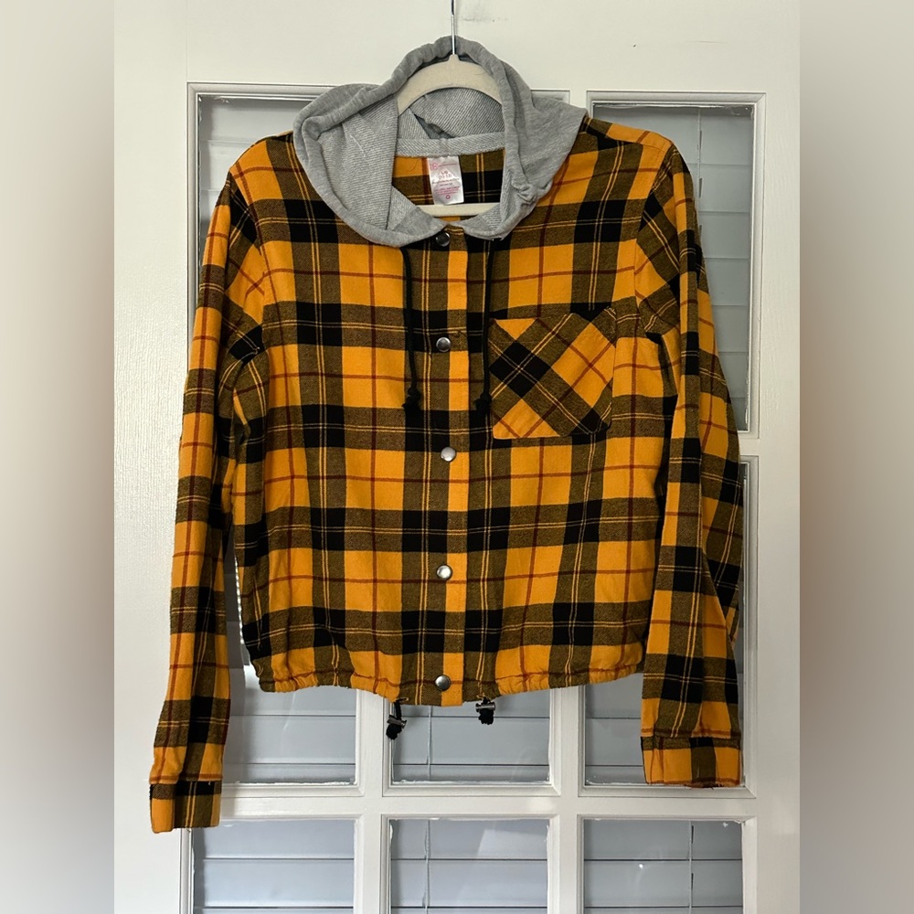 No Boundaries Women’s Junior L Black Yellow Snap Hooded Flannel Shirt | SKU 0979
